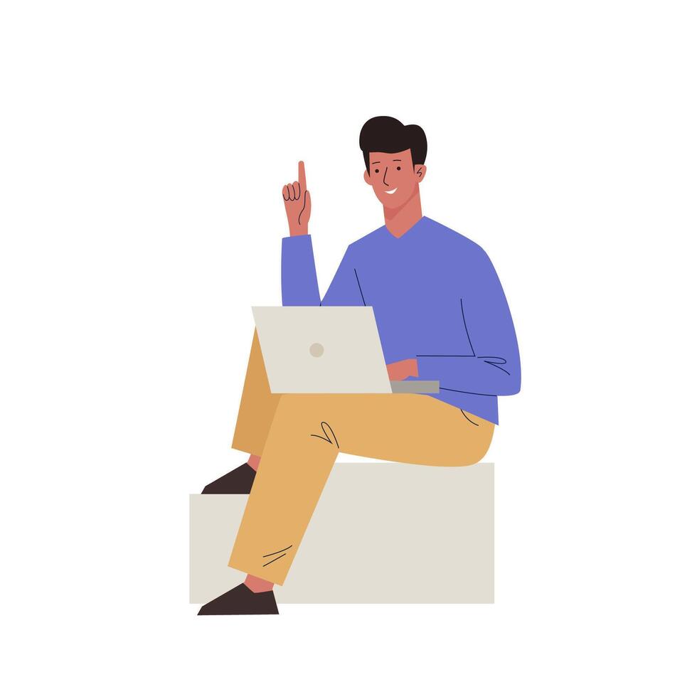 Illustration of a person using a laptop while sitting and raising their hand, representing online learning or technology use.