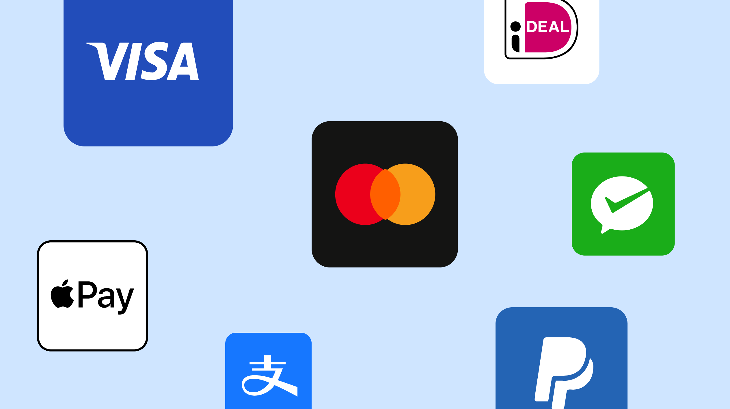 Illustration of popular online payment methods, including Visa, Mastercard, Apple Pay, PayPal, Google Pay, and iDEAL logos. The image represents multiple secure payment options available when shopping online.