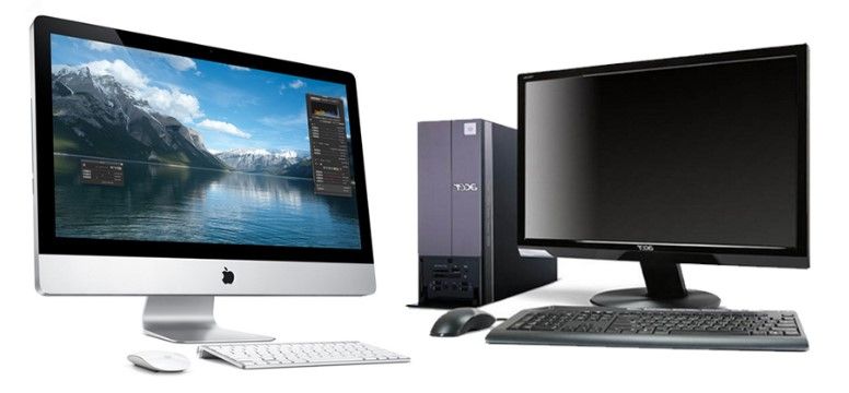 Illustrated desktop computer setup with a monitor, keyboard, mouse, storage tower, tablet, and decorative plants on a desk.Two desktop computer setups displayed side by side, including an Apple iMac and a traditional Windows desktop with monitor, keyboard, and mouse.