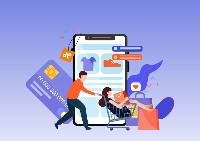 Illustration of a person shopping on a smartphone using a mobile shopping app. The image includes a shopping cart, shopping bags, a credit card, discount tag, and product icons, representing online shopping, digital payments, and mobile commerce.