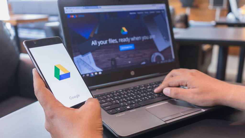 Showcase of Google Drive app on mobile and laptop.