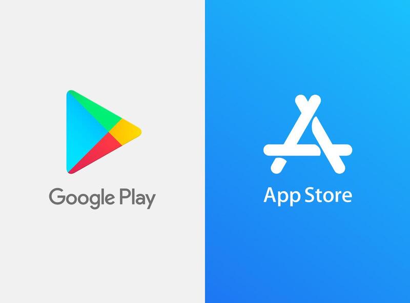 Logos for Google Play and the App Store displayed side by side on a split background.