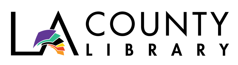 LA County Library logo featuring a multicolored stylized book graphic with black text.