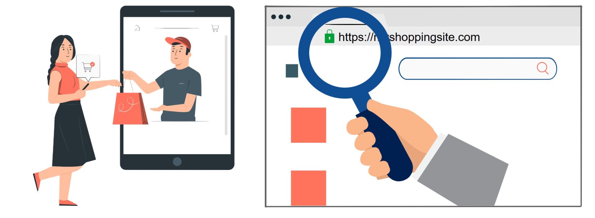 Illustration promoting safe online shopping. On the left, a shopper receives a shopping bag from a seller through a mobile device, representing online purchases. On the right, a magnifying glass highlights the secure "https://" address and padlock icon in a website URL, emphasizing the importance of shopping on secure websites.