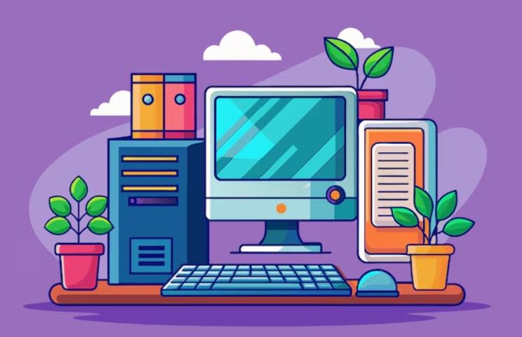 Illustrated desktop computer setup with a monitor, keyboard, mouse, storage tower, tablet, and decorative plants on a desk.