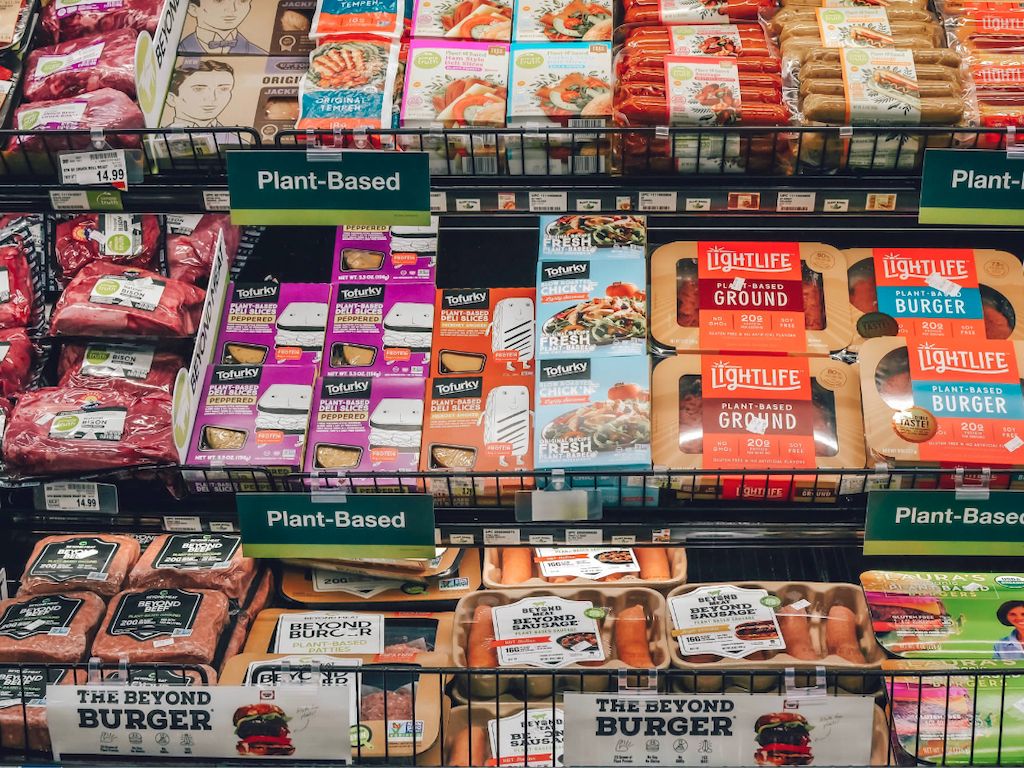 Supermarket produce and plant-based foods aisle