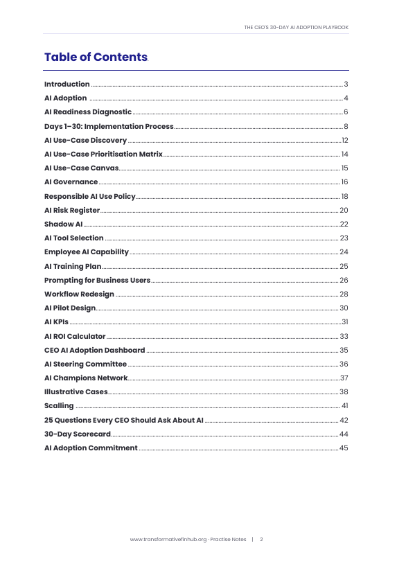 Table of contents — The CEO's 30-Day AI Adoption Playbook