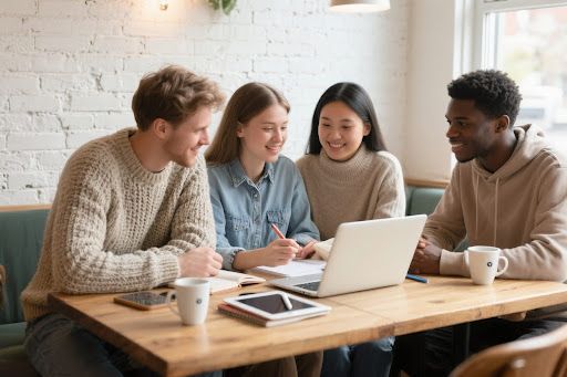Vier junge Erwachsene lernen gemeinsam an einem Holztisch im Café mit Laptop, Tablet und Notizbüchern