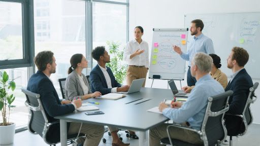 Zwei Trainer leiten ein Gruppen-Coaching für ein Team in einem modernen Besprechungsraum. Sie erklären Konzepte am Flipchart, um Projektmanagement-Wissen zu vertiefen.