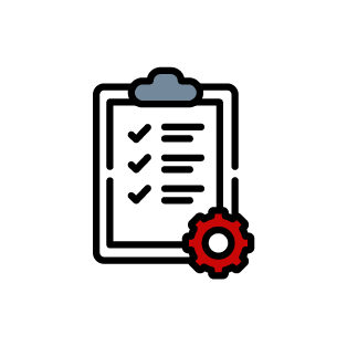 Icon of a clipboard with a checklist and a cog next to it.