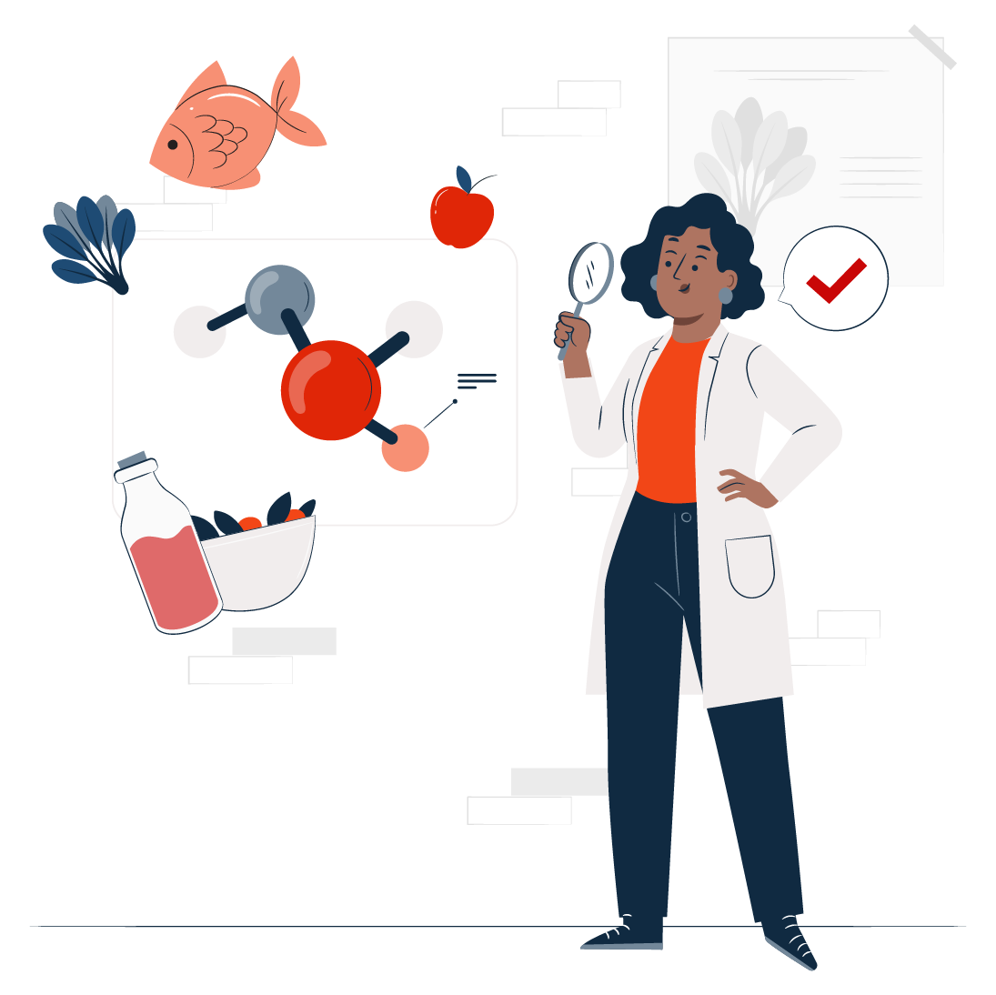 Nutritional biochemistry course illustration of doctor with food such as fish, apples and salad leaves