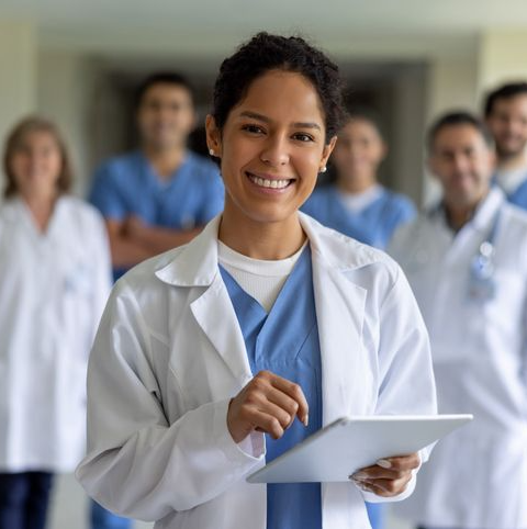 Female doctor in a white lab coat with a stethoscope around her neck. Her arms are folded and she's smiling.