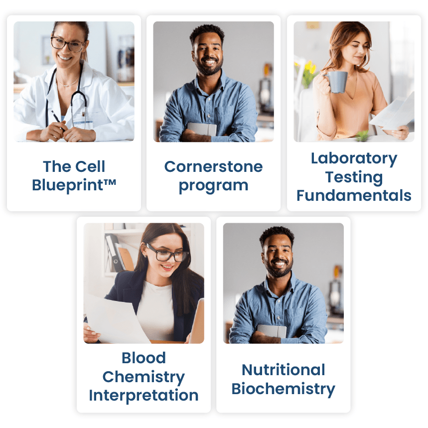 Clinician's Code curriculum image showing the 5 compulsory courses, namely the Cell Blueprint, the Cornerstone Program, Laboratory Testing Fundamentals, Blood Chemistry Interpretation, and Nutritional Biochemistry