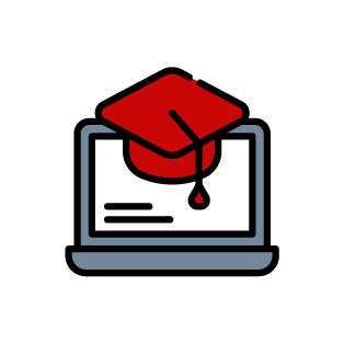 Icon of a laptop displaying information with a graduate cap on top.