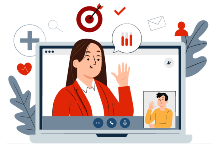A graphic of a laptop showing two people on a virtual coaching call.