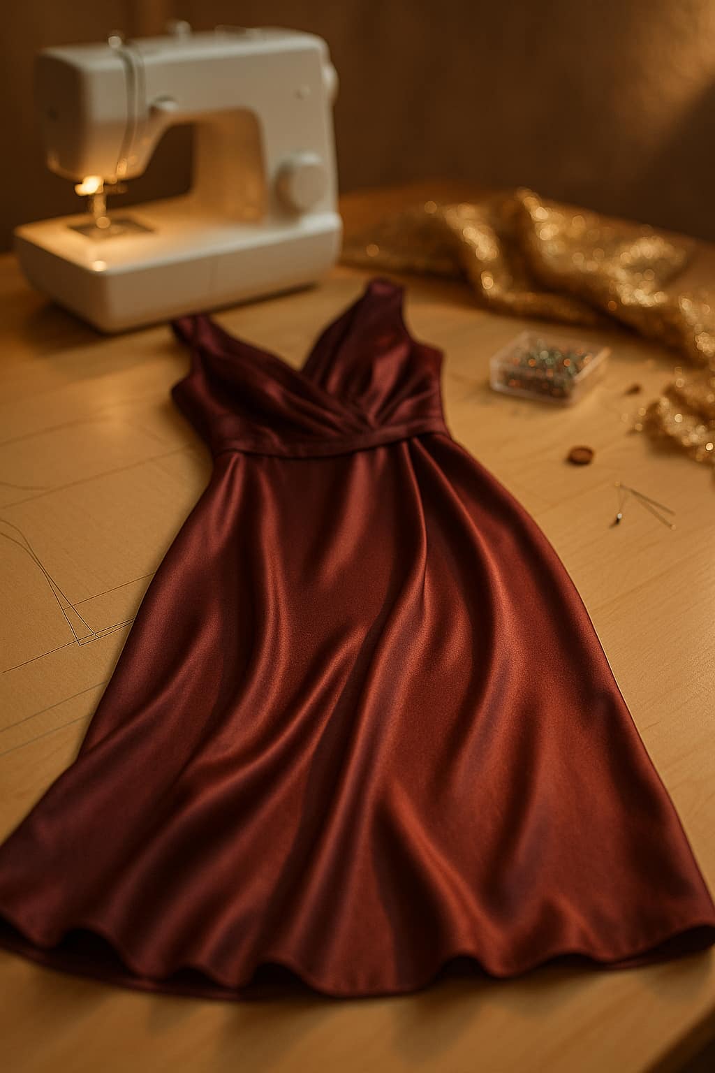 Elegantes, weinrotes Abendkleid aus Satin liegt auf einem Nähtisch, im Hintergrund Nähmaschine, Stecknadeln und glitzernder Stoff – festliche Kleidung nähen mit Glamour.