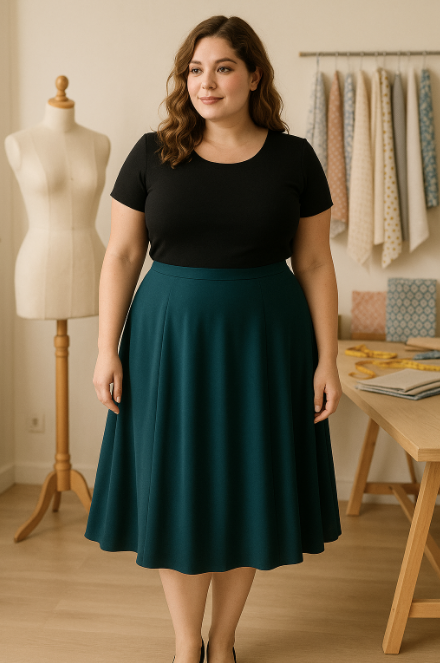 Eine Frau die den Grundschnitt Rock genäht an hat