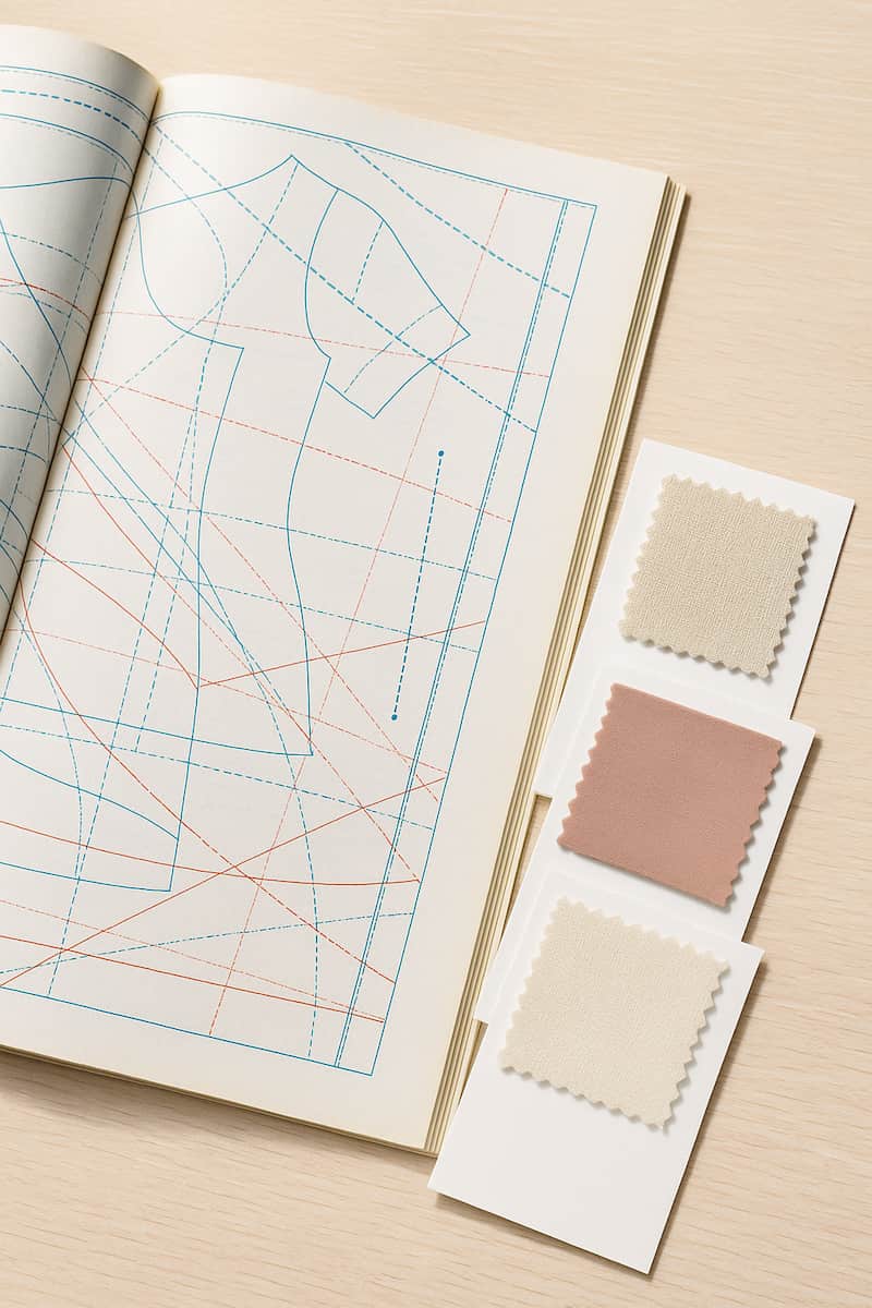 Aufgeschlagenes Schnittmusterbuch mit eingezeichneten Linien, daneben Stoffmusterkarten aus Jersey, Baumwolle und Leinen – Grundlagen zum Kleidung nähen.