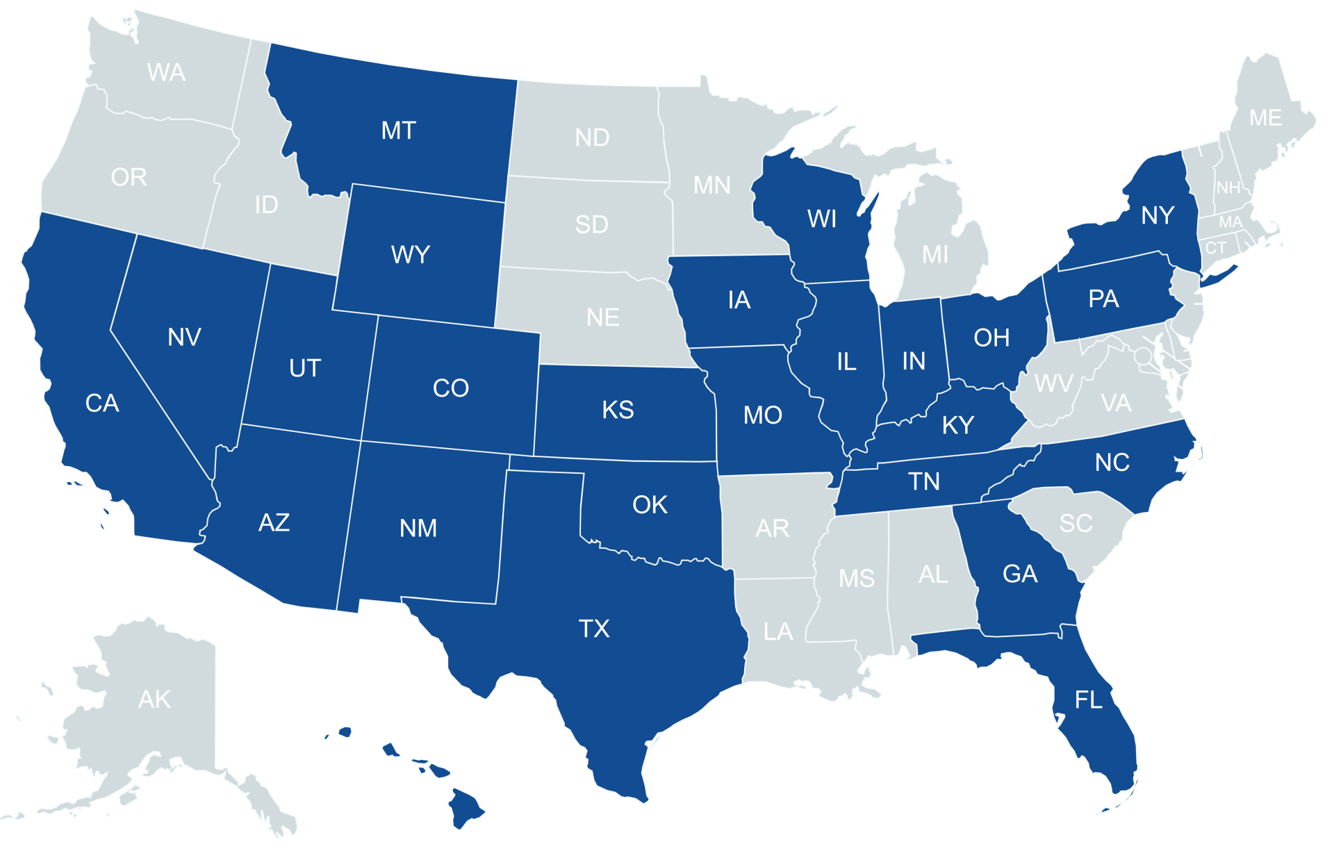 Map of the USA showing states containing PORi Centers of Excellence