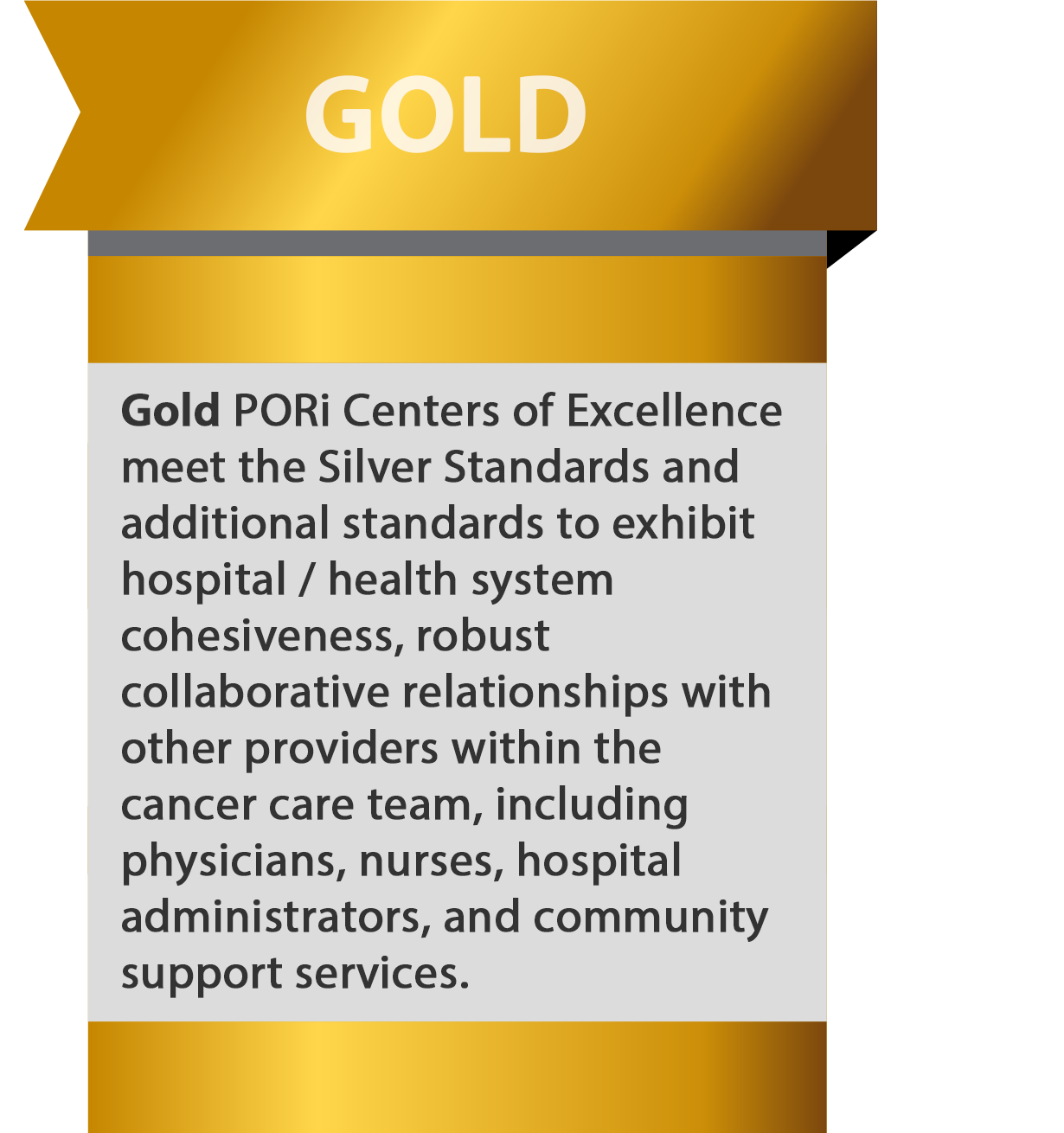 Gold PORi Centers of Excellence meet the Silver Standards and additional standards to exhibit hospital / health system cohesiveness, robust collaborative relationships with other providers within the cancer care team, including physicians, nurses, hospital administrators, and community support services.