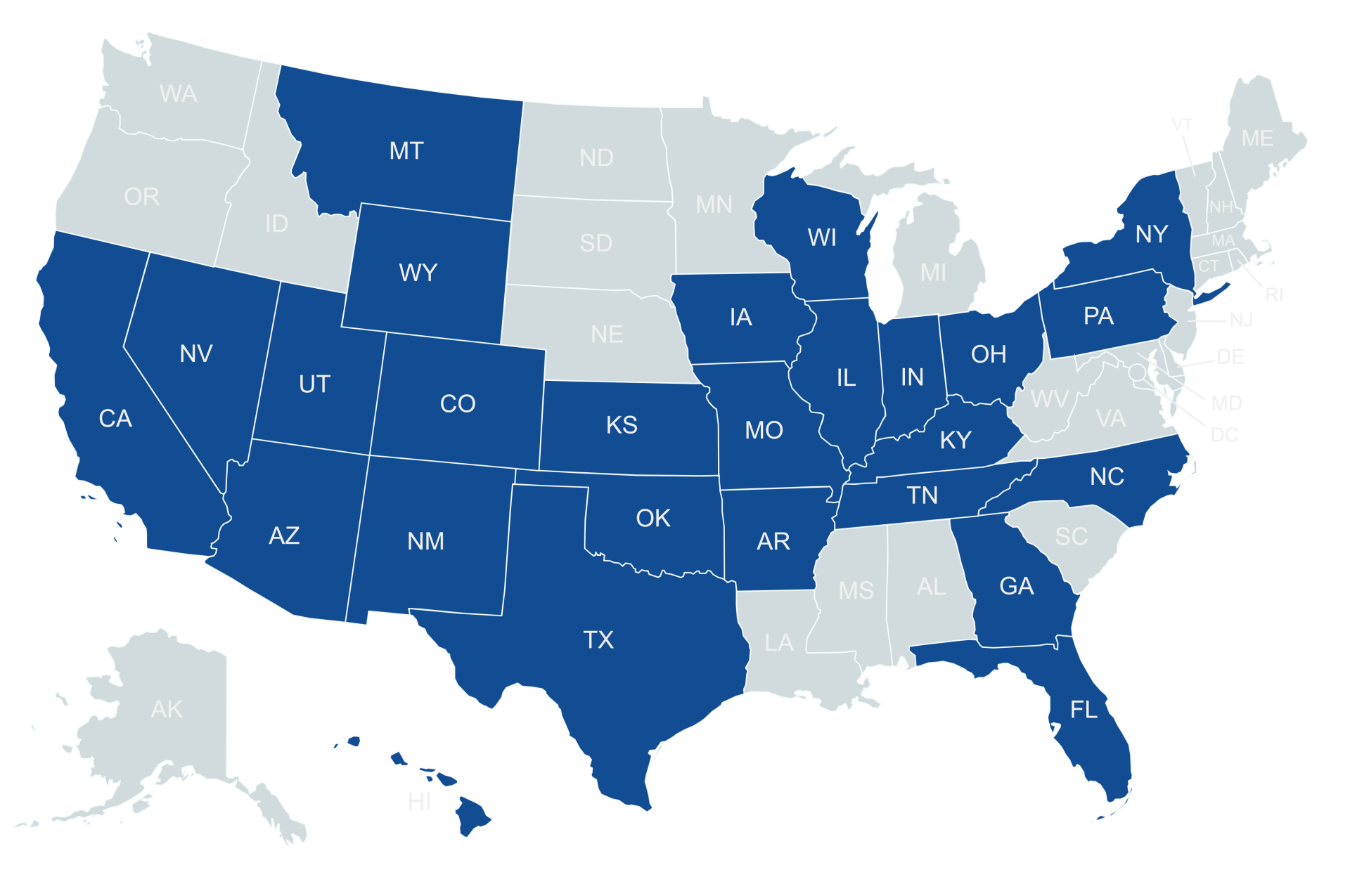 Map of the USA showing states containing PORi Centers of Excellence