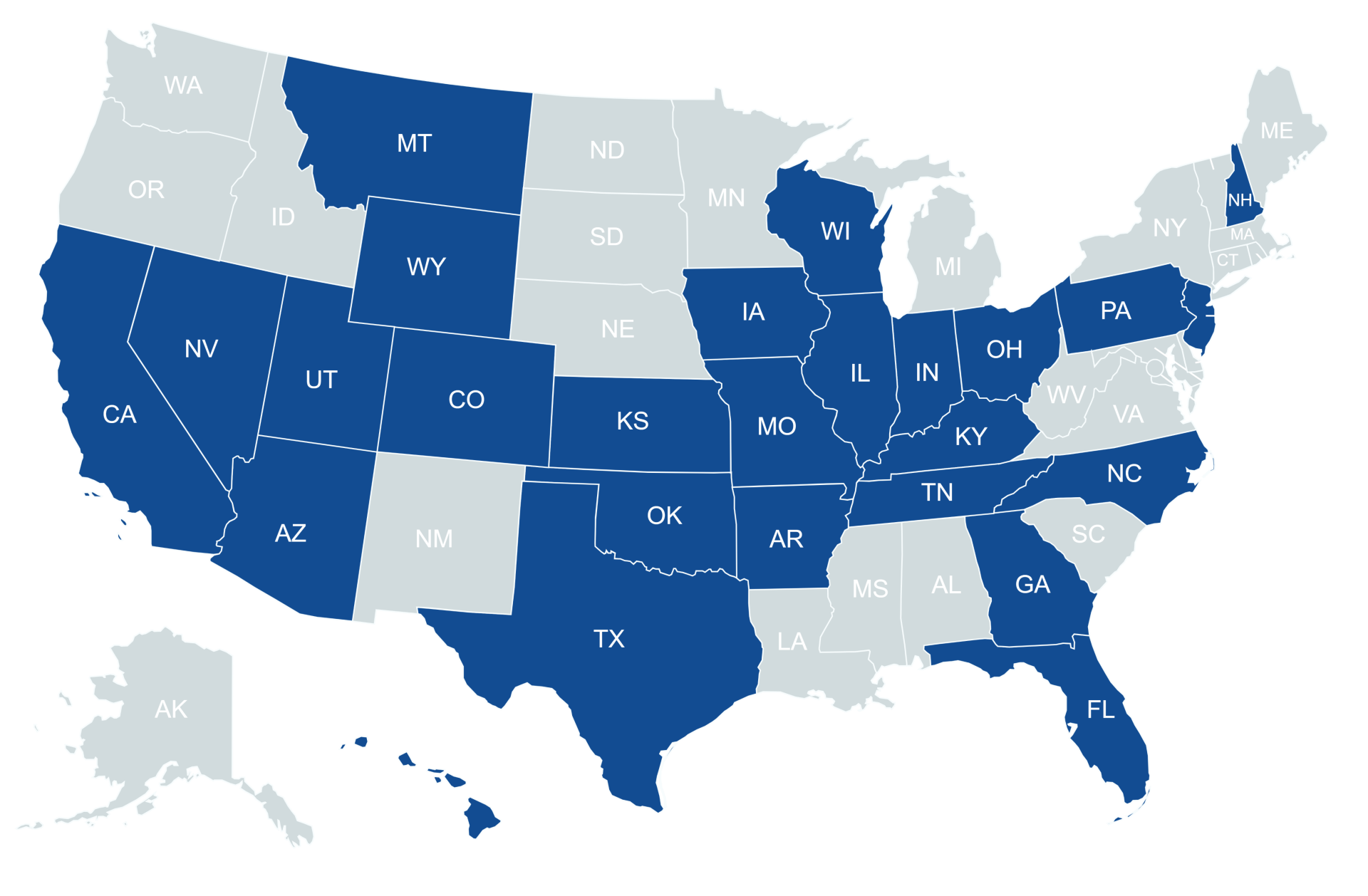 Map of the USA showing states containing PORi Centers of Excellence