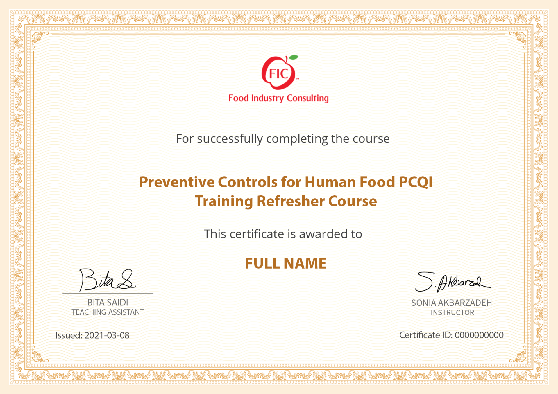 PCQI Refresher Certificate Sample