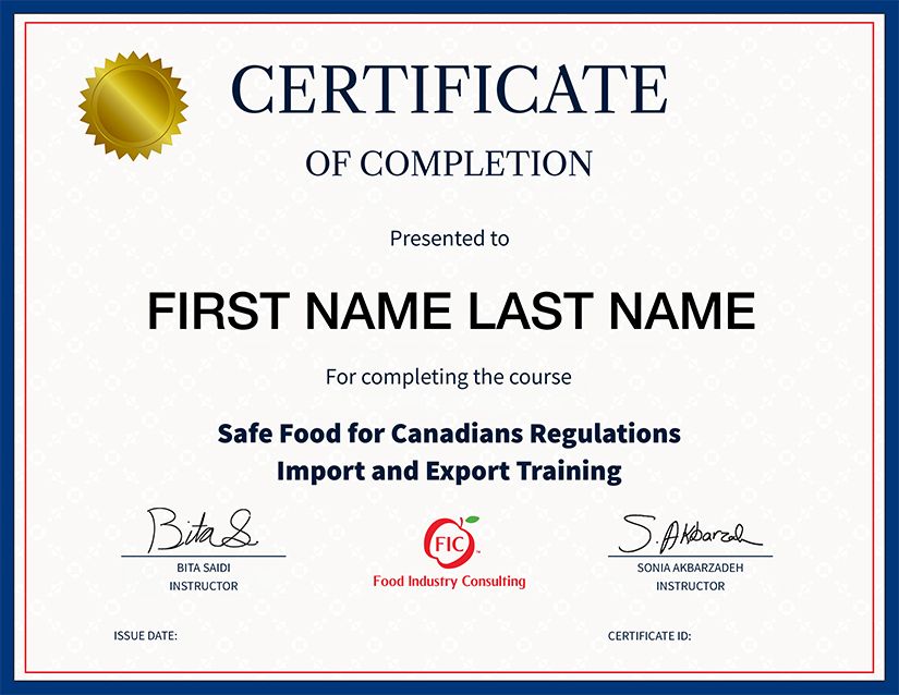 FIC SFCR/CFIA Course Sample Certificate
