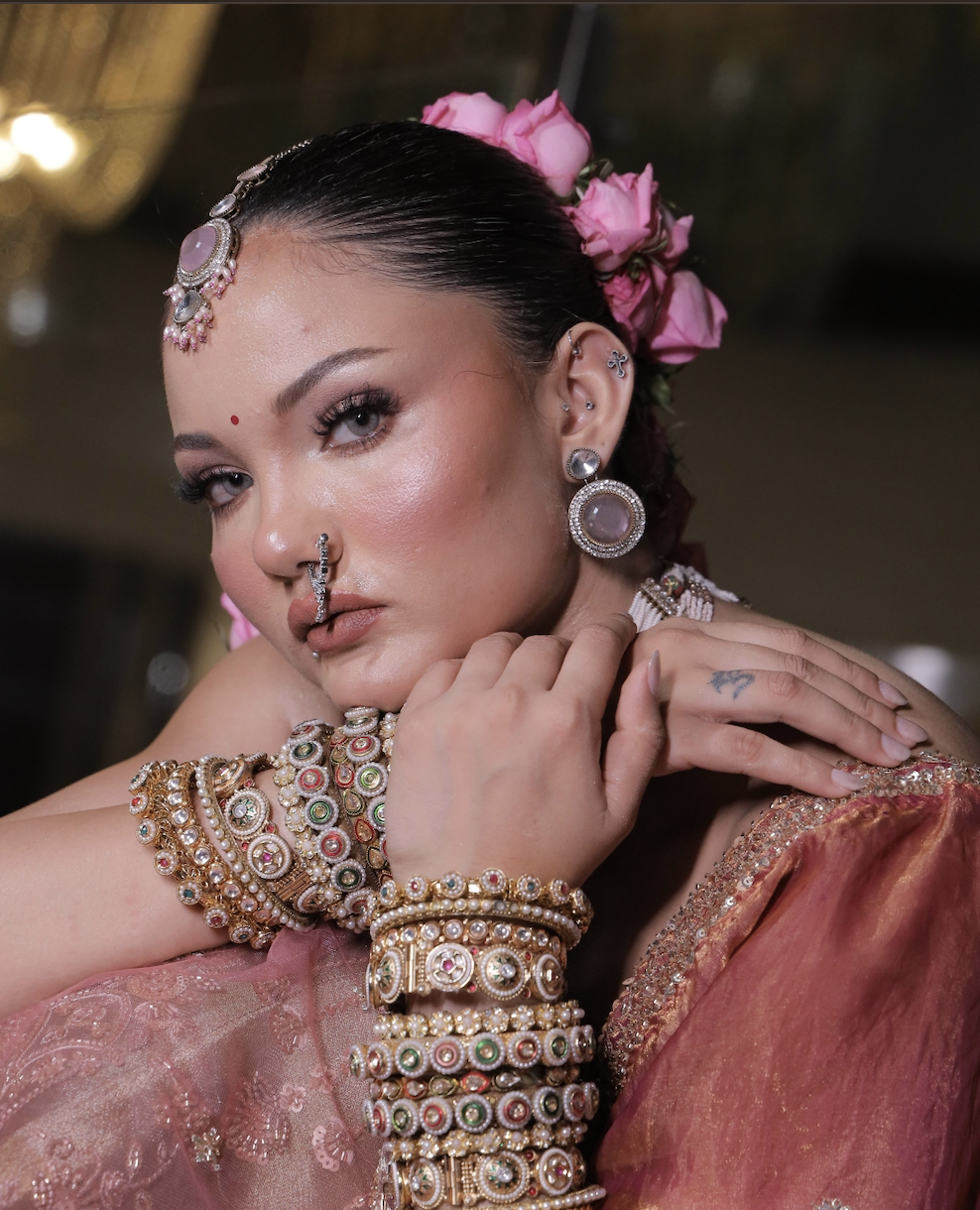 Luxury bridal makeup with floral hair styling