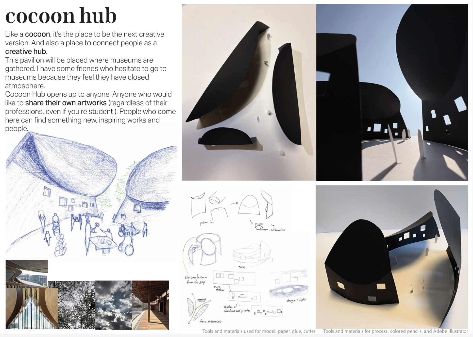 A pavilion concept and scale model. 3d model is made of black cardboard and looks like three bird silhouettes when viewed from above.