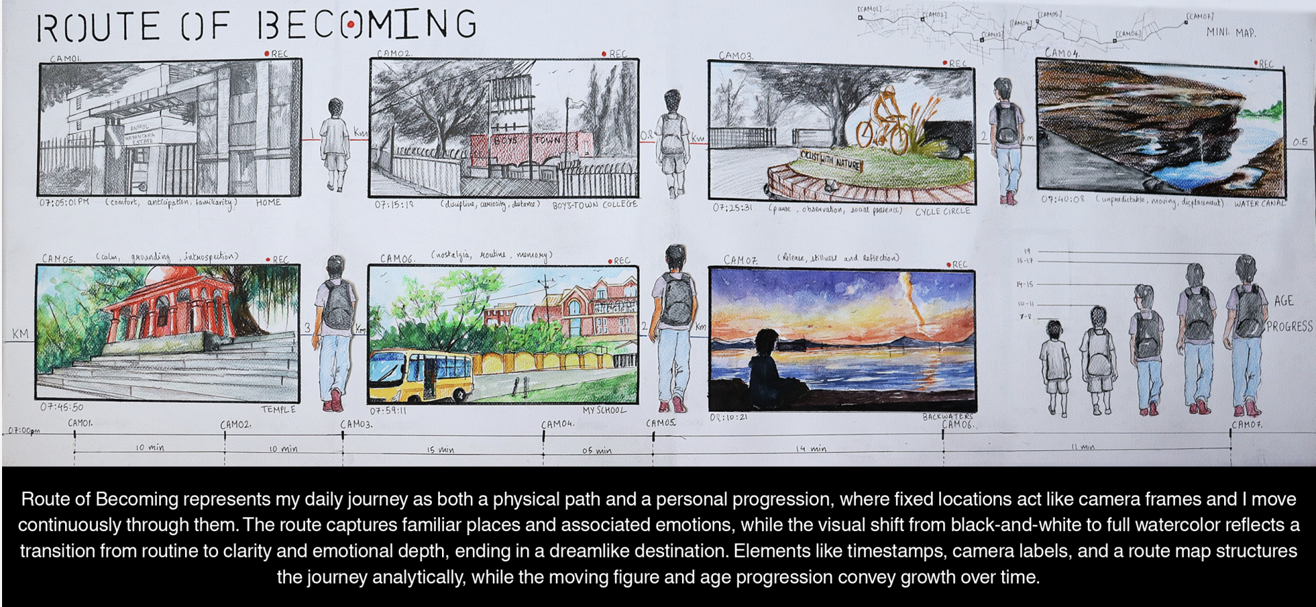 Dhairya's Final application assignment work "Route of Becoming": a two-row storyboard of 7 camera-labelled scenes depicting a daily walking route, transitioning from black-and-white pencil sketches to full watercolour, with timestamps, distance markers, emotion notes, a mini map, and an age progression chart showing the figure growing up over time