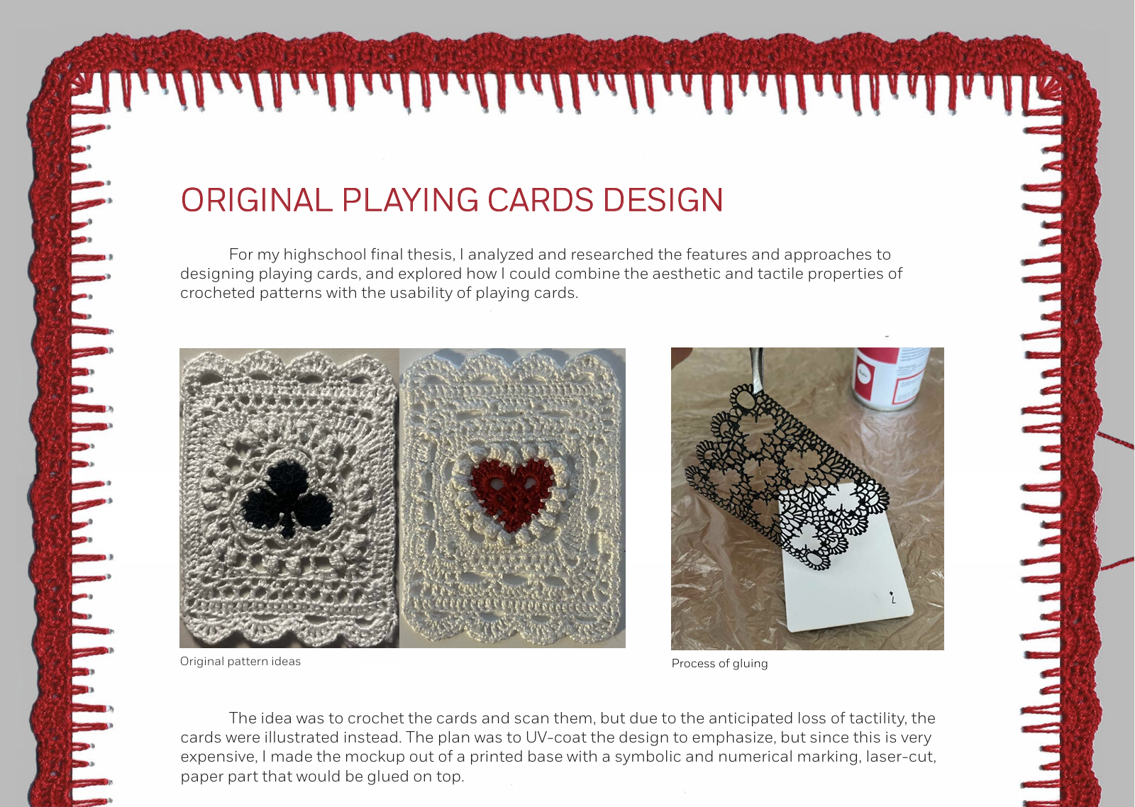 Crocheted visual identity developed from Sofiia’s high school art thesis, inspired by traditional crafts and crocheted playing cards. The textile based graphic system is adapted across a portfolio layout, wrapping and transforming around different page formats and project sections, with some elements fitting within the screen while others extend beyond and require scrolling to view fully.