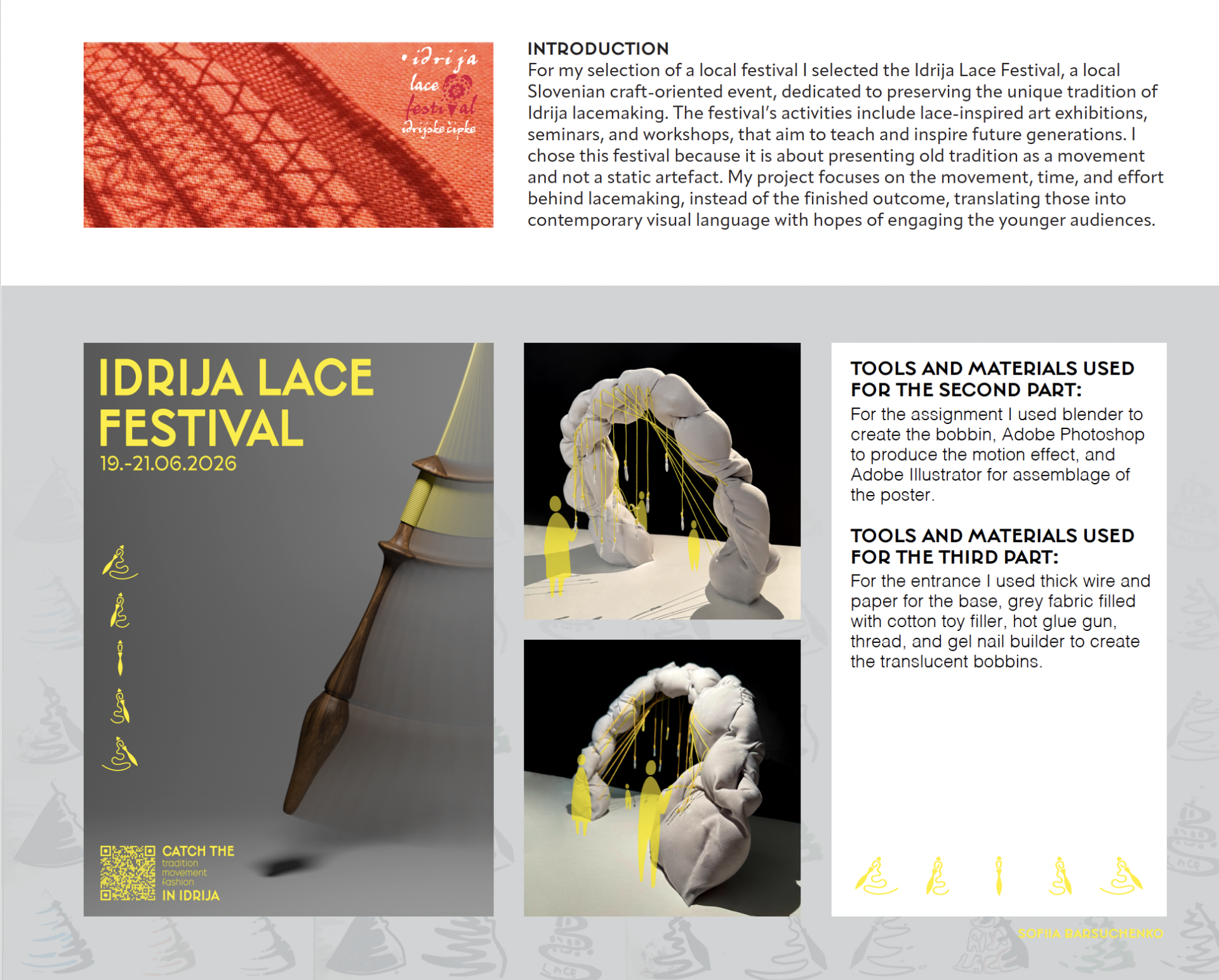 Sofiia's final submission for Aalto University Design and Media preliminary assignment: Idrija bobbin lace festival poster with flying bobbin motif, and 3D gate model representing the lace pillow