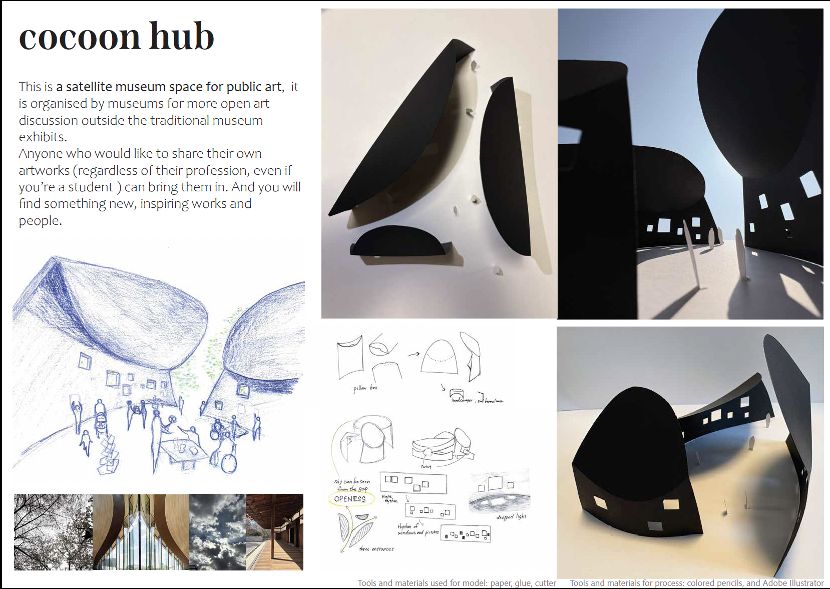 A pavilion concept and scale model. 3d model is made of black cardboard and looks like three bird silhouettes when viewed from above. 