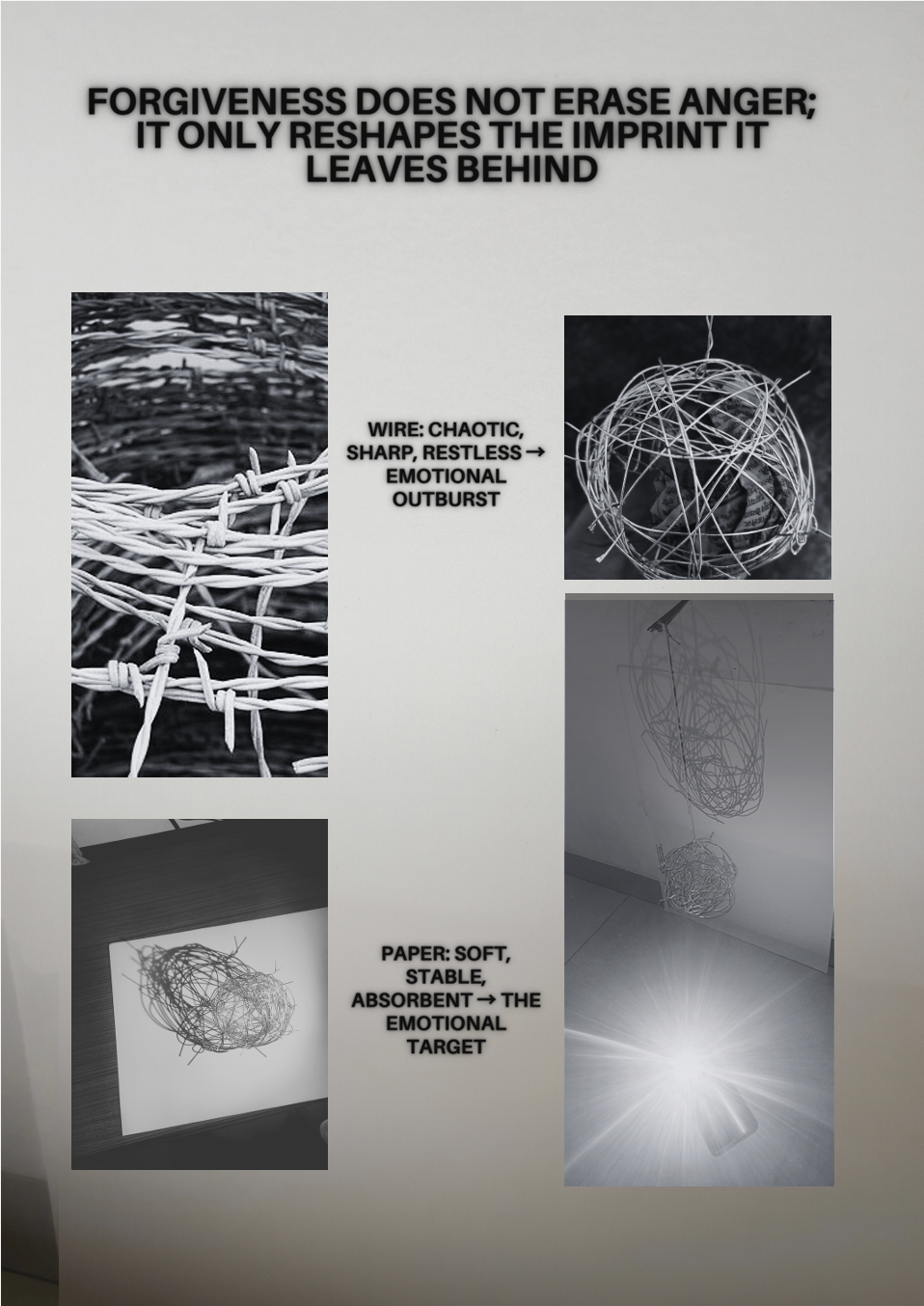 Dhairya's design school portfolio work: wire and paper sculptures exploring anger and forgiveness concepts, SDS BA in Design preparation course assignment