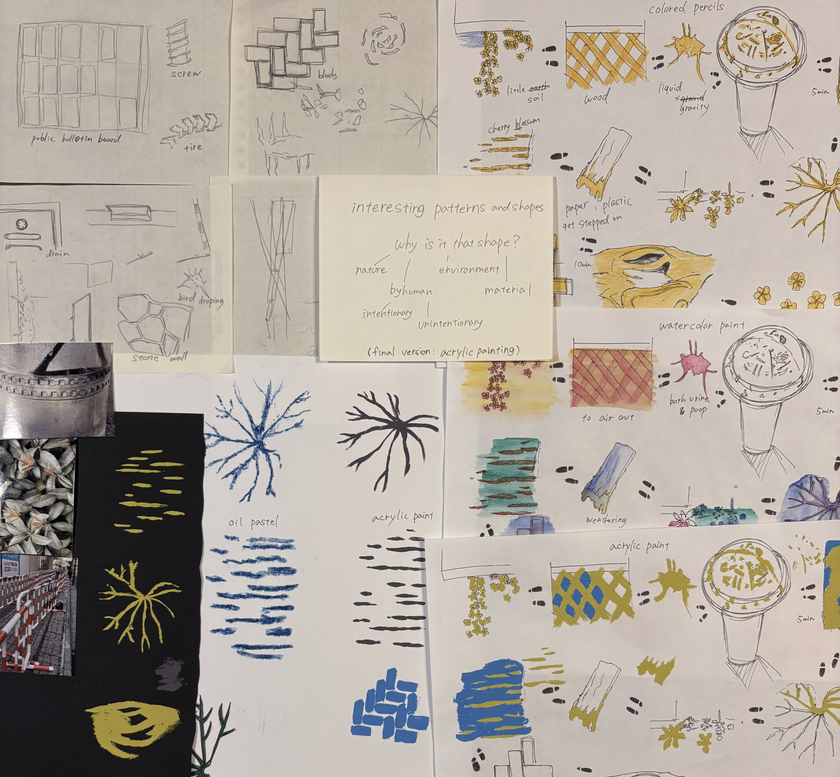 Kio's sketches for a timewalk assignment. Pencil/color notes of visual detailsfrom her walk around her neighbourhood.