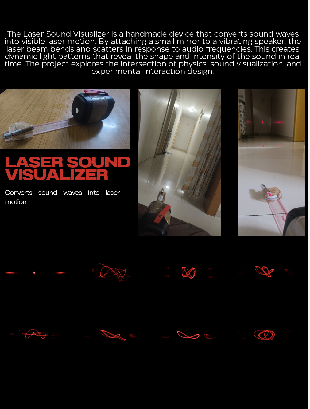 A page from Dhairya's application portfolio, showing how an idea from earlier bacteria assignment evolved and iterated into a desogn project laser sound visualiser. image shows laser and a frame from animation the moving waves and soundes were recorded.