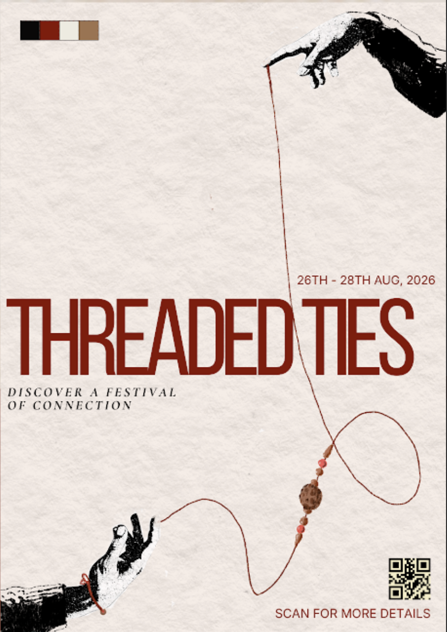 Dhairya's Aalto University entrance exam preliminary assignment: "Threaded Ties" festival poster design showing a hand holding a beaded string on a textured background