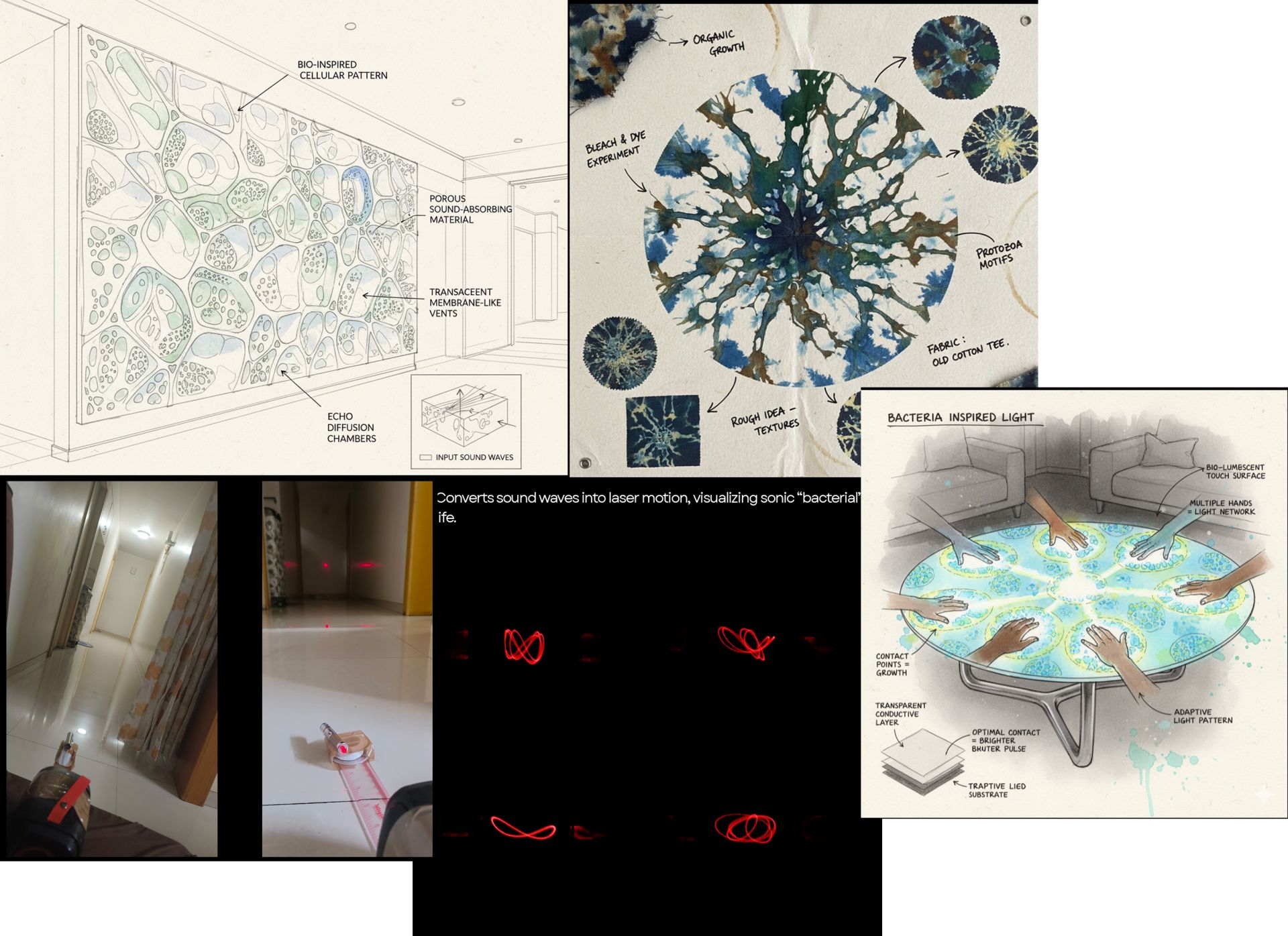 Dhairya's SDS course work on incorporating bacterial concepts into design: a collage of four explorations including a bio-inspired cellular sound-absorbing wall sketch, a bleach-and-dye textile experiment with protozoa motifs, a prototype using a laser to visualise sound waves as "bacterial life", and a "Bacteria Inspired Light" table concept with a bioluminescent touch surface