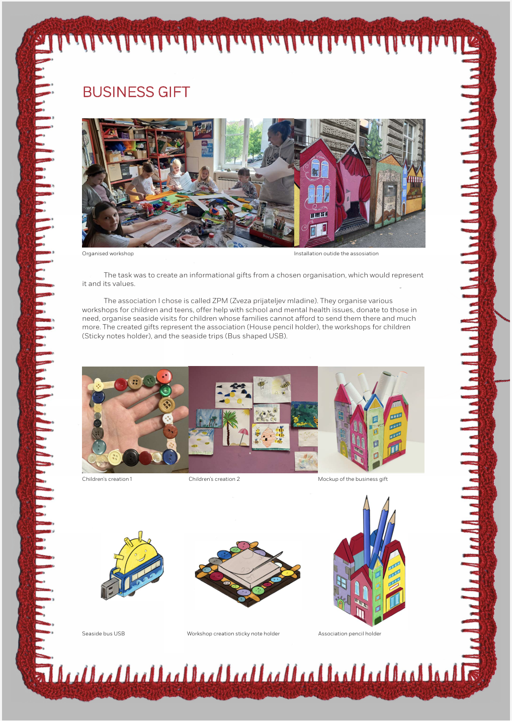 Sofiia's SDS course work: buisness gift for an association that supports children and their families. She designed a playful usb stick, a post-it frame made in a kids workshop and a key holder that looks lik ethe association building. 