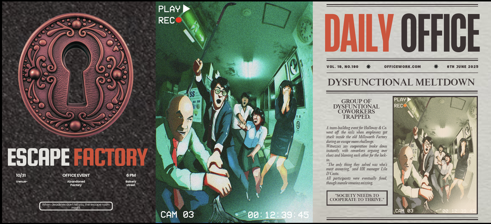 Dhairya's final design for a user group and visual communciation assignment. Dysfunctional work group tries to manage escape room challenges. Tone is dystopic and chaotic. Scandinavian Design School BA in Design preparation course