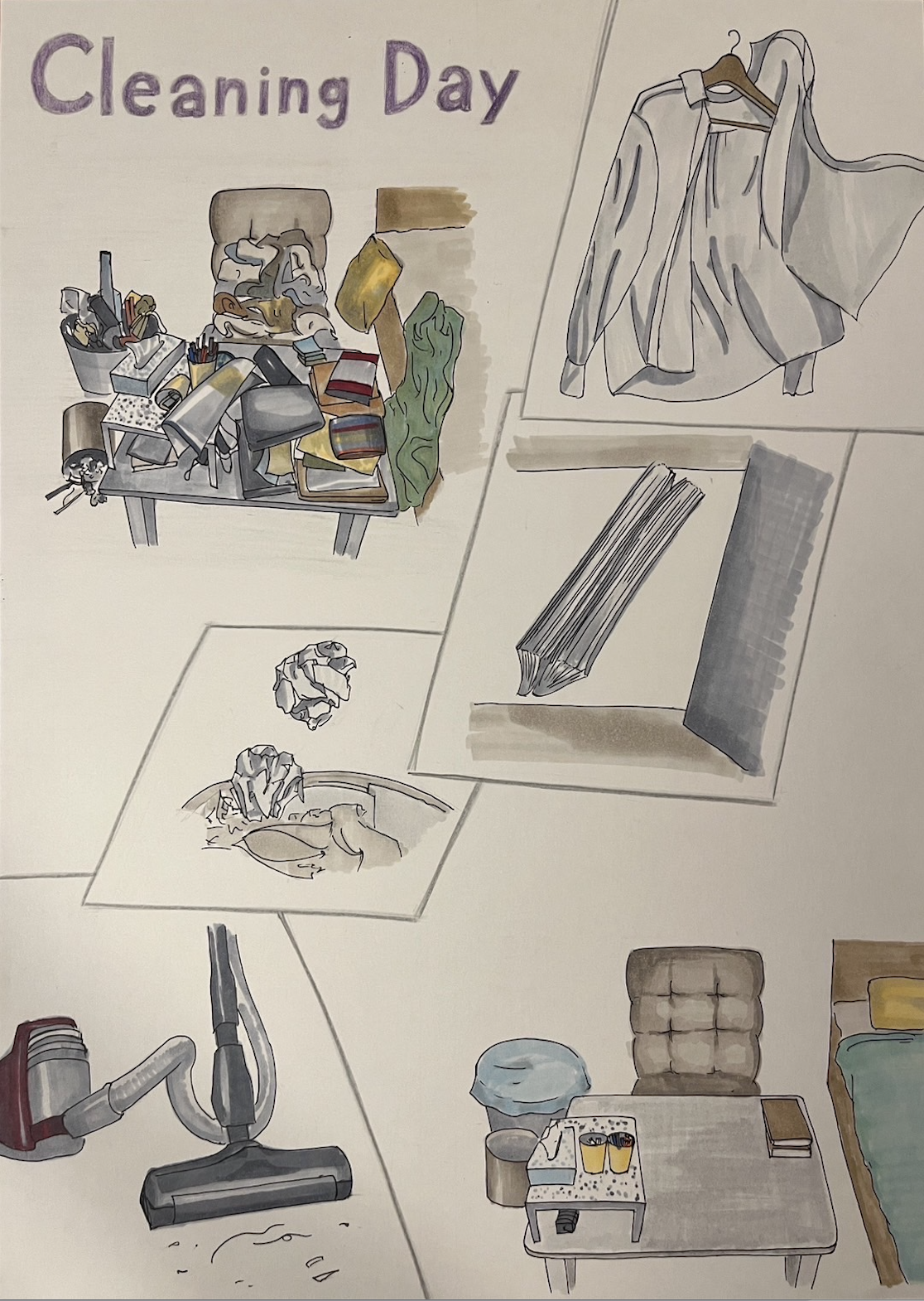 Kio's Design Foundation course task to visually describe a cleaning day. In the image we see a series of iomages drawn with copic markers and fine liners where a desk gets gradually tidier.