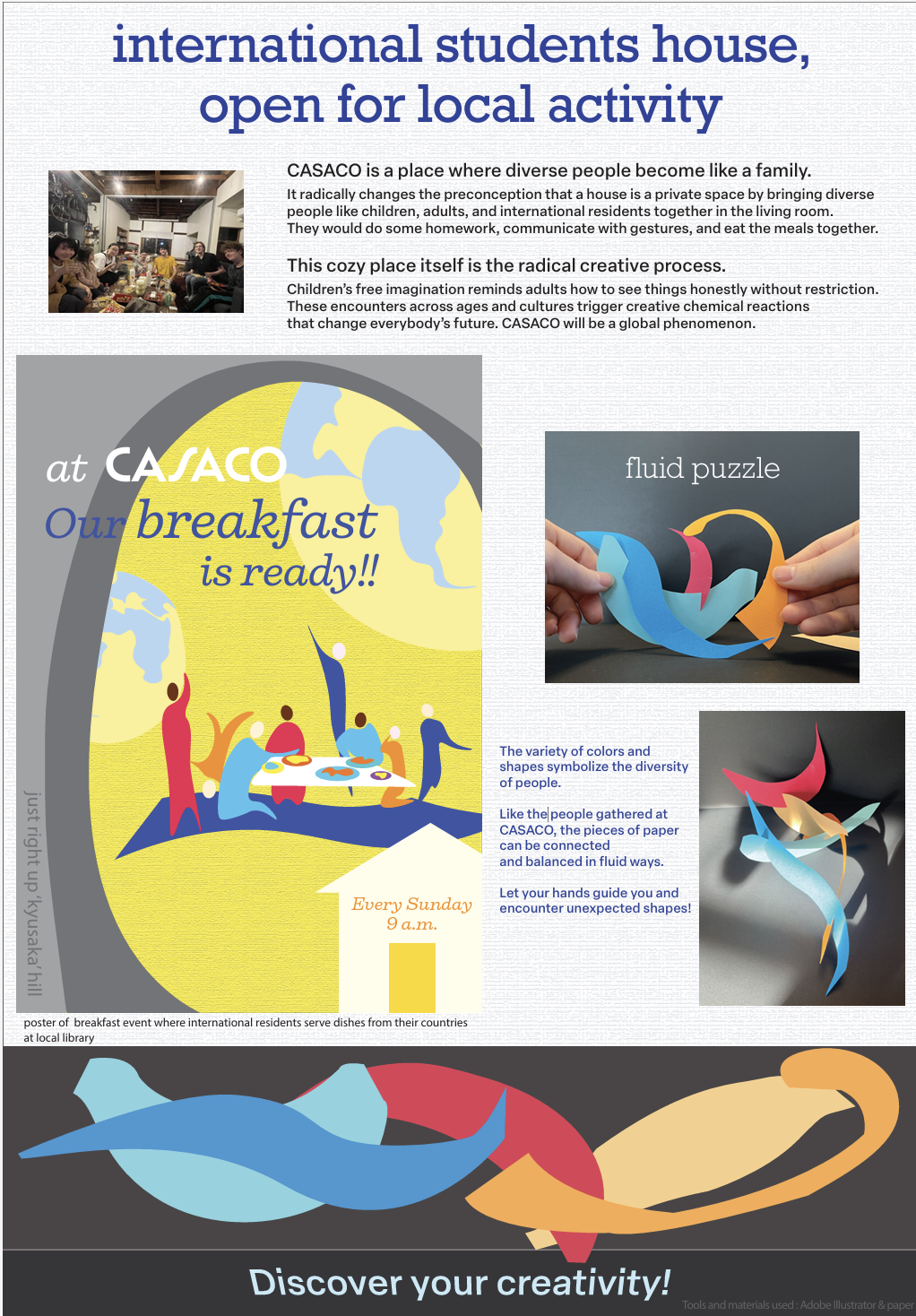 Kio's 2025 preliminary assignment to aalto is a presentation of an open house concept for children, where international students living in the house hold happenings and meetings. the 3d sculpture representing the concept is a 3d puzzle made of colored papers one can arrange in multiple ways.