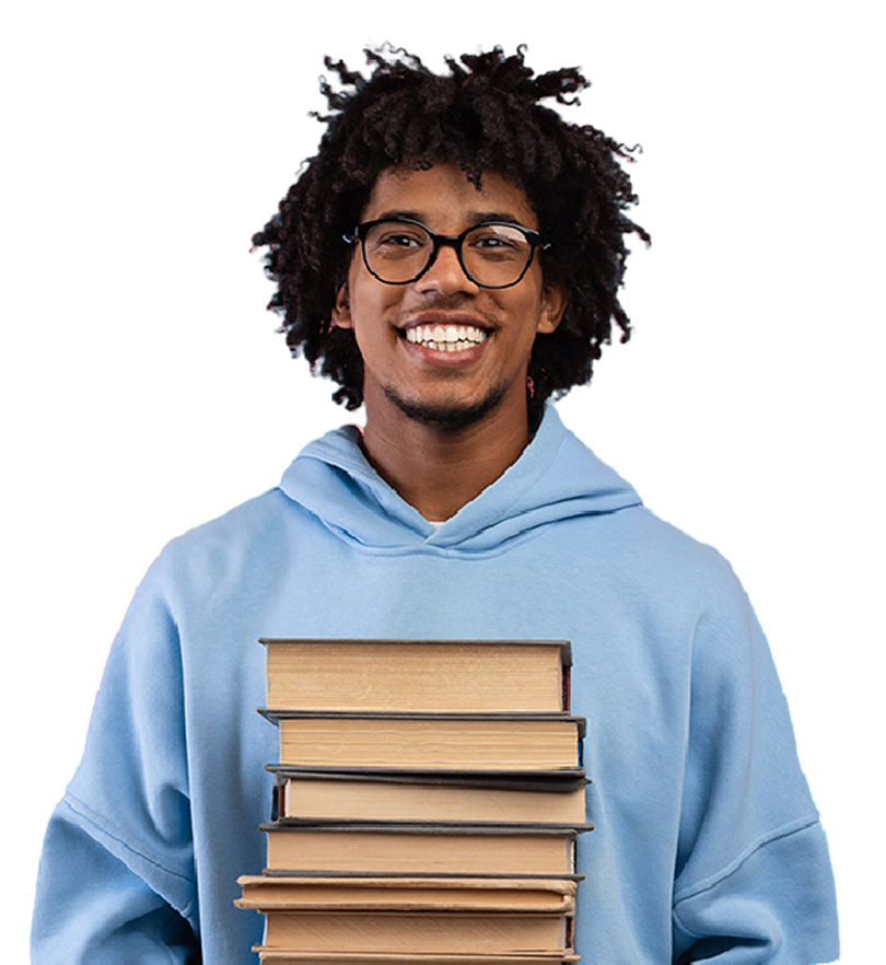 Man holding a large stack of book smiling