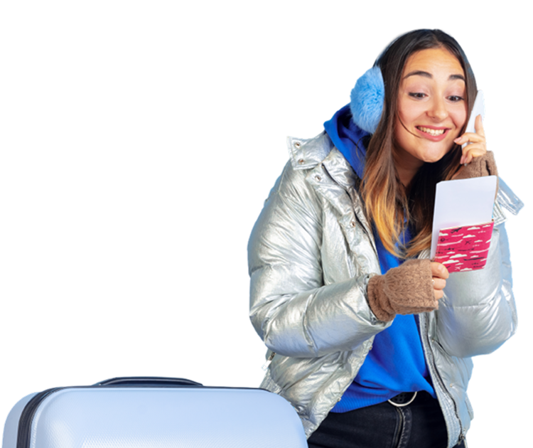 Women at Pre-departure with flight ticket and suit case