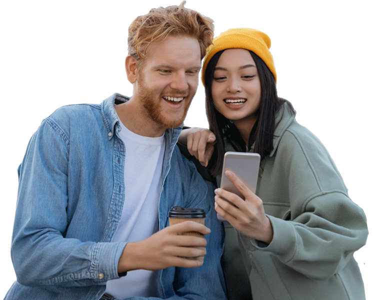 man and woman looking at phone