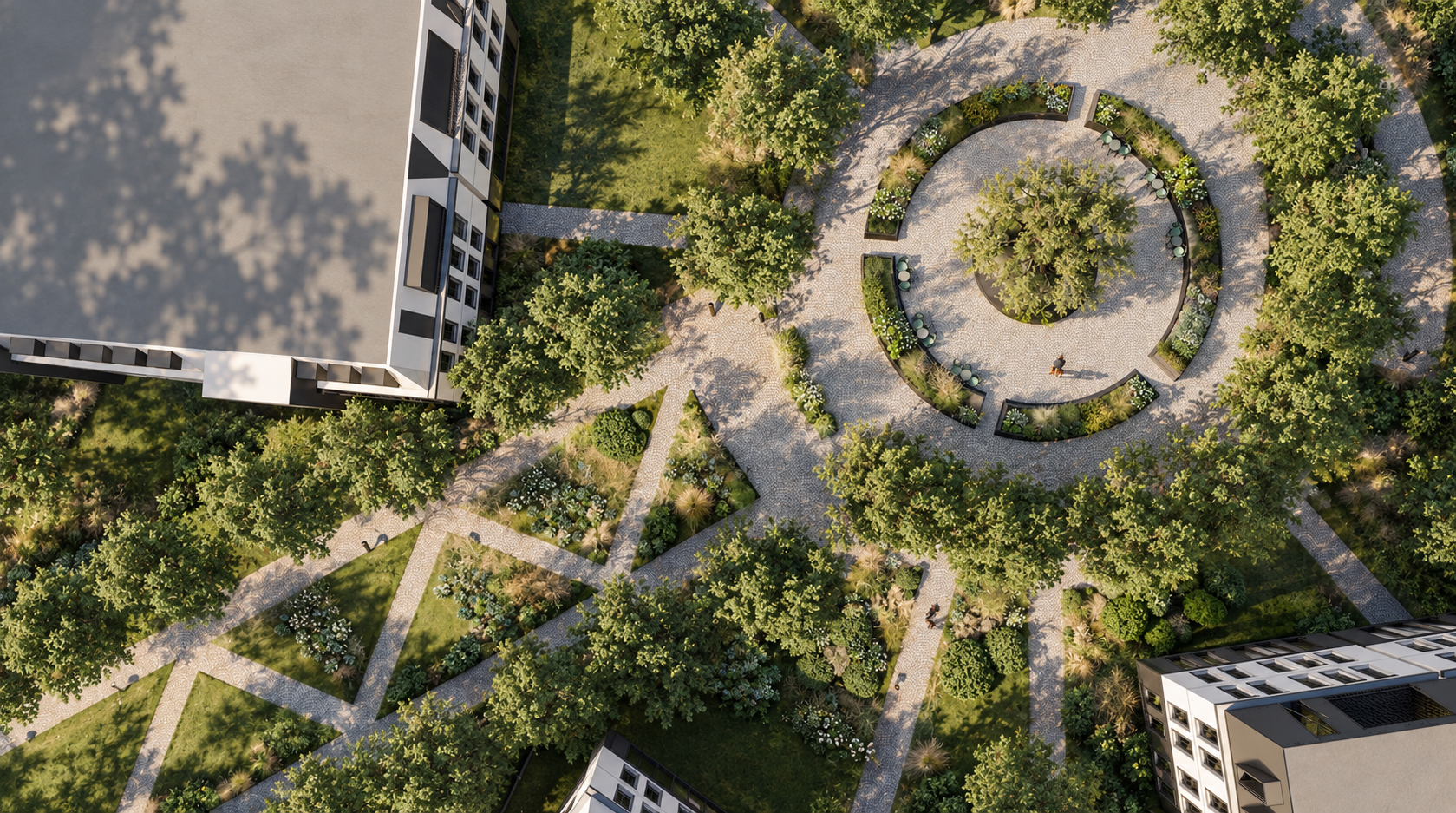 architectural visualization of a birds eye top down rendering of a landscape courtyard