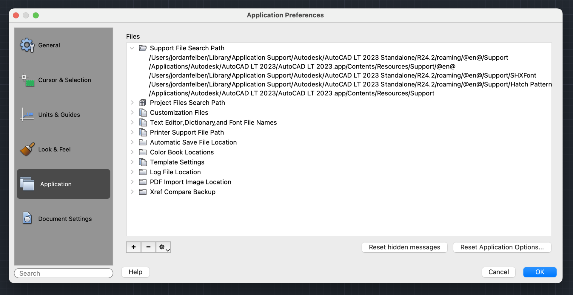 screenshot of the options command in autocad with the "files" tab selected with "Support File Search Path" expanded
