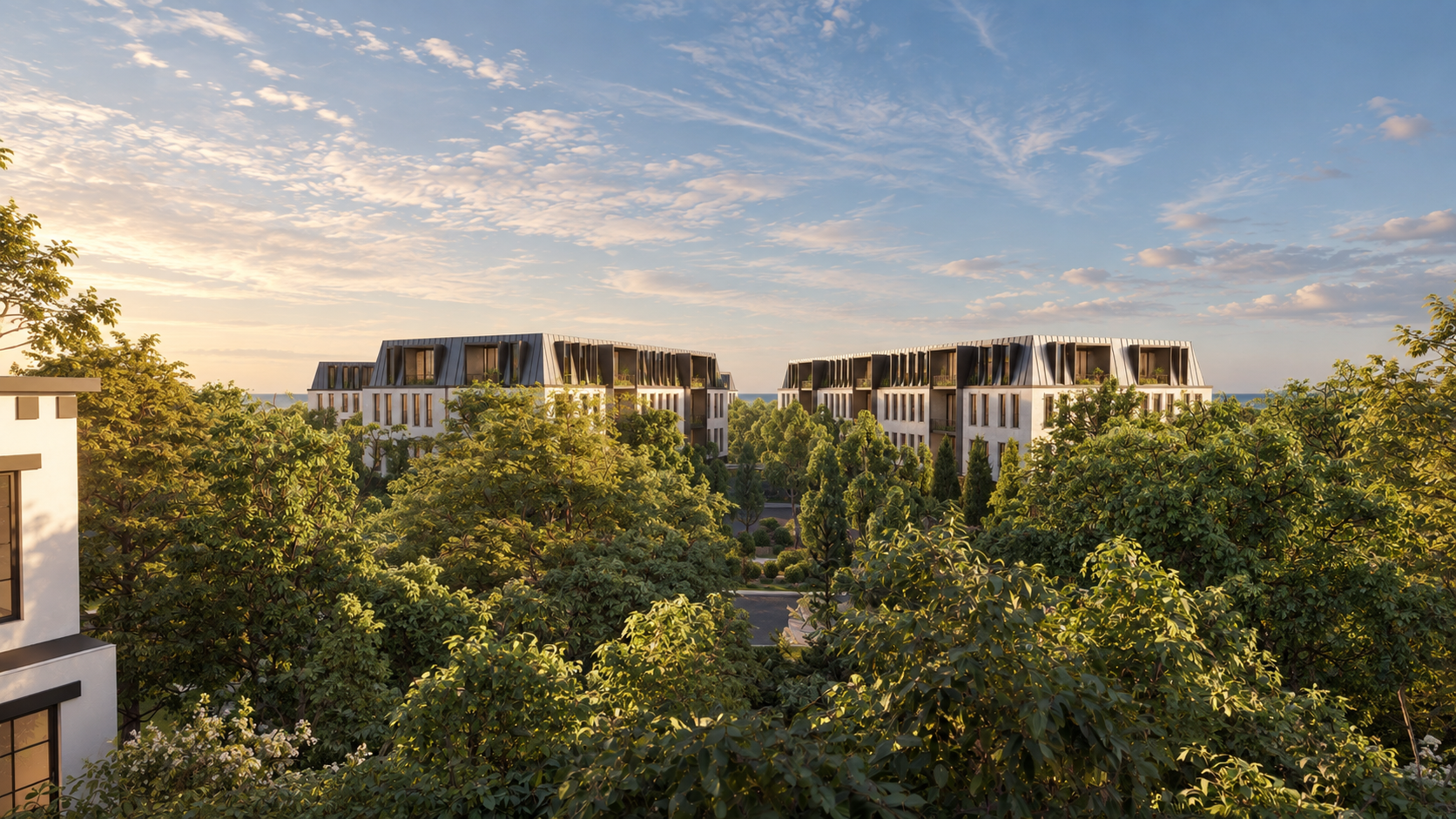 overall architectural visualization of buildings with landscape in the foreground