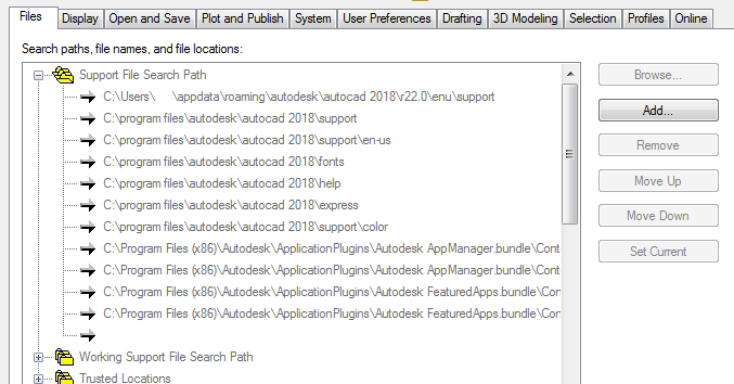 screenshot of the options command in autocad with the "files" tab selected with "Support File Search Path" expanded